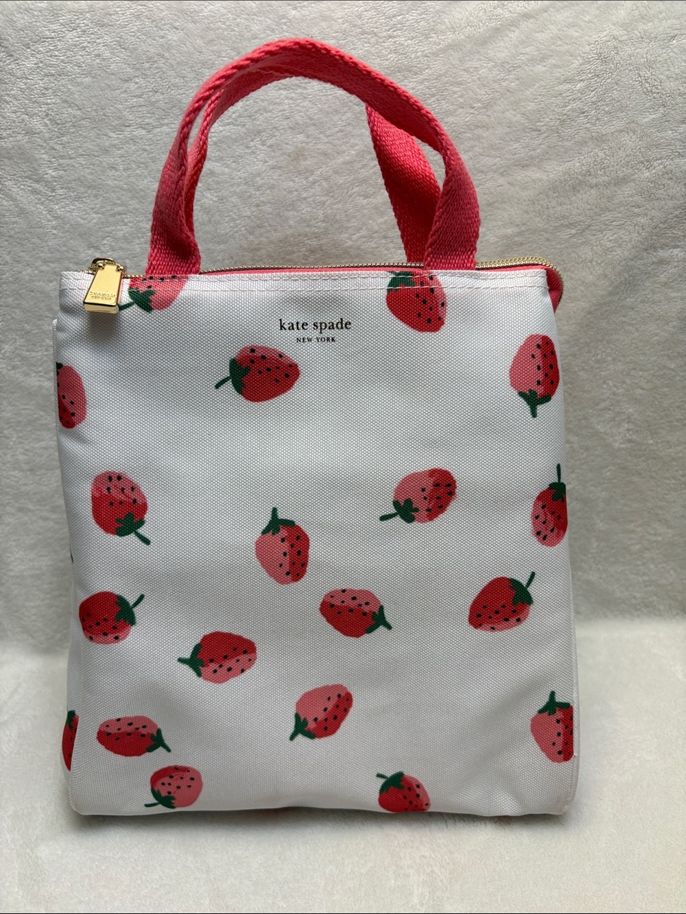 kate spade White Strawberry Print Tote with Pink Handles